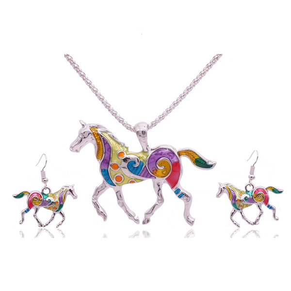 2016 Summer Enamel Horse Gold Jewelry Sets For Women Animal Horse Necklace Earring Set Turkish Fashion Jewelry