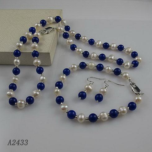 Christmas pearl jewelry set AA 6-7MM white color freshwater pearl & blue lapis Free shipping A2433