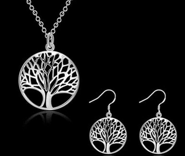 Hot Fashion Women 925 Sterling Silver Plated Life Of Tree Charm Pendant Necklace Earrings Bridal Jewwlry