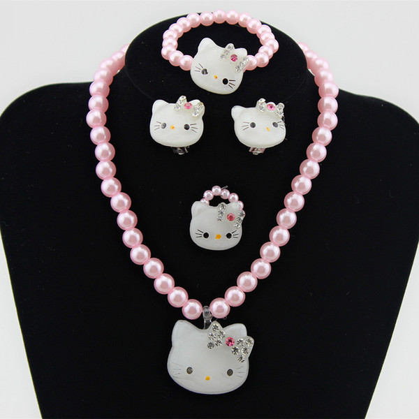 1Set=4pcs Girls Kids Baby Princess Crystal white/pink Hello Kitty Cat Necklace Imitation Pearl Beads Jewelry Set Children