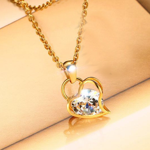 Hot sale fashion jewelry set 17.5MM stainless steel zircon heart Pendant + gold plating earring jewelry accessories