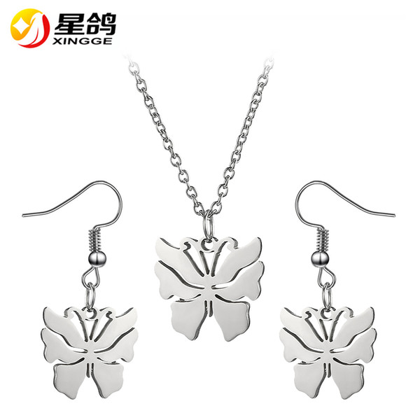 Women Stainless steel Jewelry Set Fashion silver Color Jewelry Butterfly Pendants necklace earrings Jewelry Set drop shipping