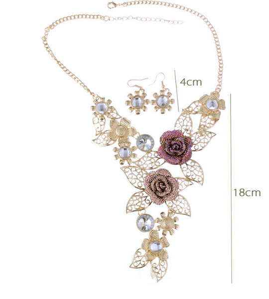 high-end crystal Exaggerated jewelry retro flower jewelry set auger alloy hollow out brief necklace