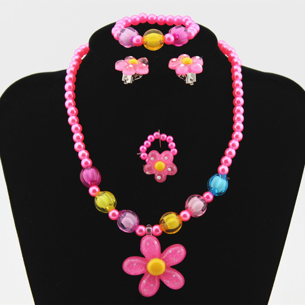 4 Pcs Kids Baby Girl's Imitation Pearls Beaded Flower Necklace Bracelet Rings Earrings Jewelry Set Children's Day Gift