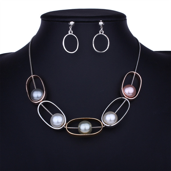 European beauty new jewelry fashion personality geometric oval bead necklace wild alloy earrings set