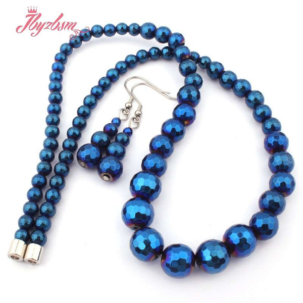 Blue Round Faceted (No Magnetic) Hematite Natural Stone Beads For Lady Women Fashion Jewellery Necklace Earring Free Shipping