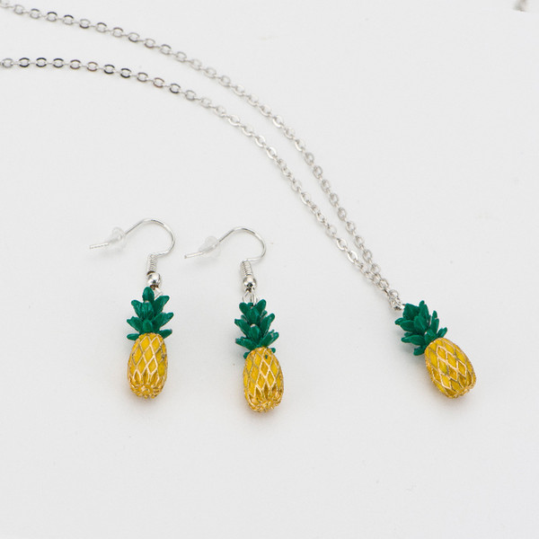 Cool Design Tiny Pineapple Earring Fruit Cute Charm Long Chain Pendant Necklace Set Summer Jewelry gold Color to be Gift For Mom