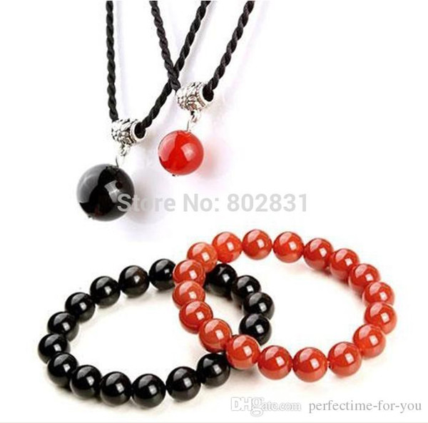 Lovers' Jewelry Natural Black / Red Jade Beads Necklace & Bracelet