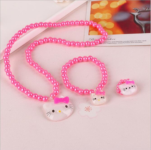 12 SETS Girls Ring Bracelet Necklace Set Cute Cat Flower Pendant Pearls Necklaces Pink White Rose Color Elastic Necklace