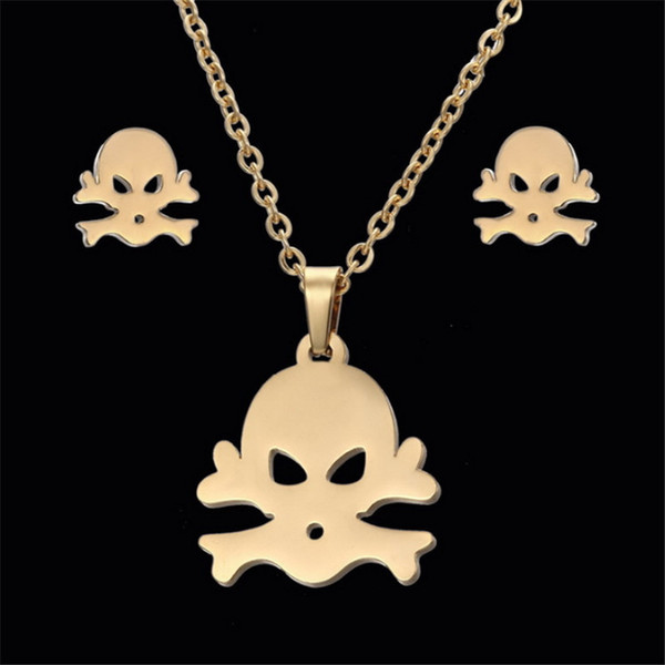 Hot Fashion Gold Tone Skull Charm Jewelry Set Women Jewelry Stainless Steel Earring Pendant Necklace 18