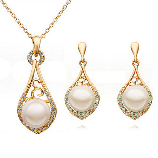 Pearl Necklace Earrings Sets Hollow and elegant Jewelry Set gold wedding Crystal Rhinestone Earrings Necklace Set G100