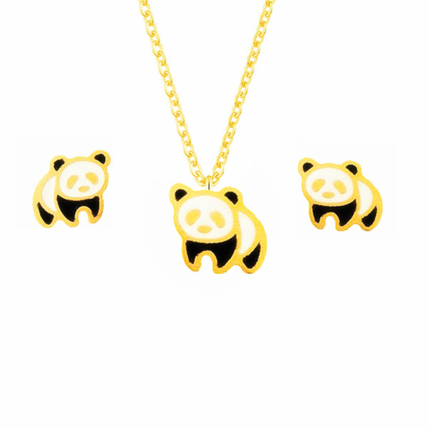 Cute Gold Silver Giant Panda Stud Earrings Necklaces For Women Men Trendy Jewelry Set Stainless Steel Colar Brinco Feminino