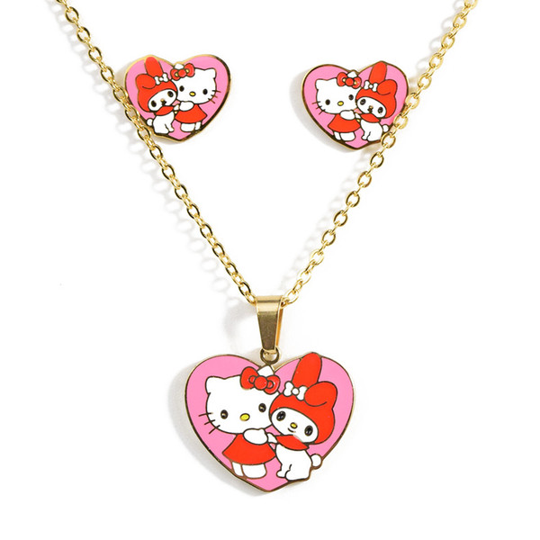 Red Kitty pendant necklace earrings set suitable for ladies and children titanium steel Cartoon necklace jewelry