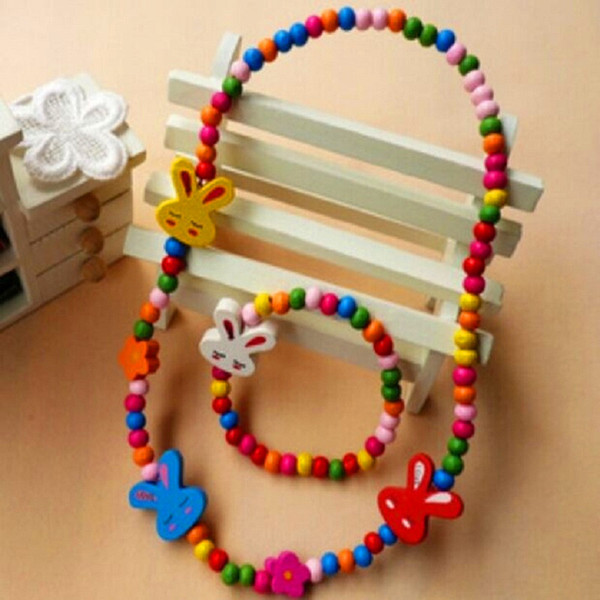 Brand New 12 sets Kids Cute Cartoon Natural Wood Beads Necklaces and Bracelets Party Gift wholesale lots