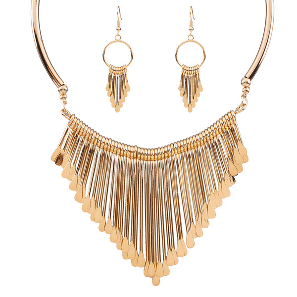 Women Wedding New Mix Three Colors White/ Rose Gold Color Beads Statement Necklace Earrings Gold Tassel Jewelry Sets