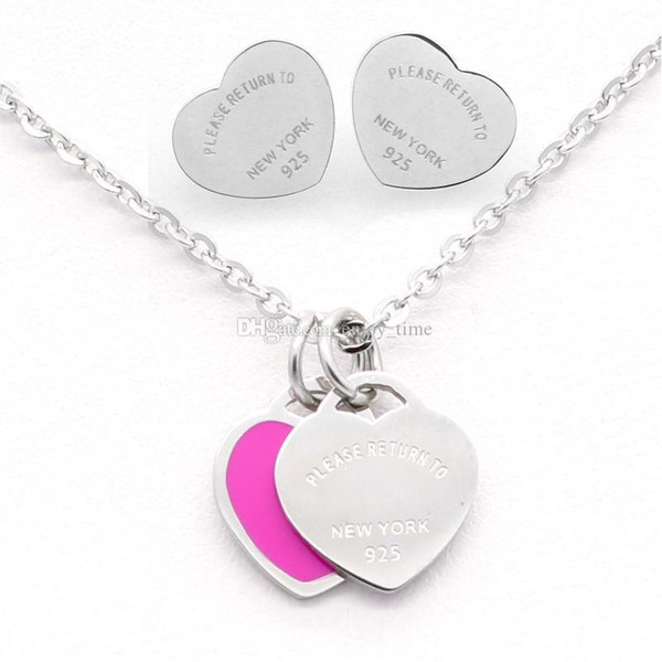 Luxury Brand 3 Colors Silver Stainless Steel Letters T Logo Heart Love Earrings Necklace For Women