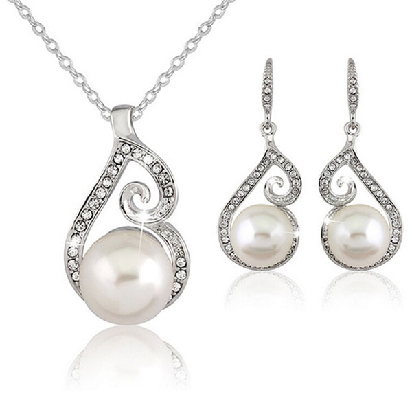 2017 Newest Women Crystal Pearl Pendant Necklace Earring Jewelry Set 925 Silver Chain Necklace Jewelry 162084