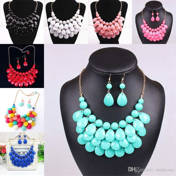 Drop necklace earrings Sets Multilevel Acrylic Bubble Bead Chokers Necklaces Gold statement Necklaces women jewelry Christmas gift 160038