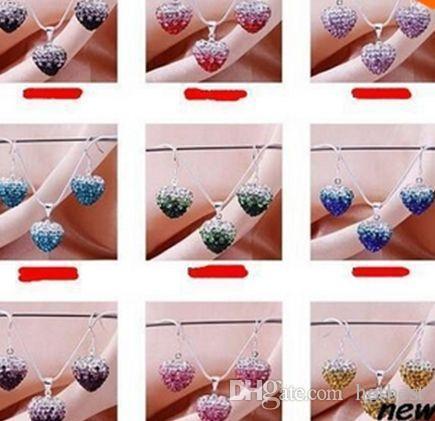 hotsale handmade Mixed Colors beads clay heart silver plated crystall Crystal necklace gradual change pendant earring g352