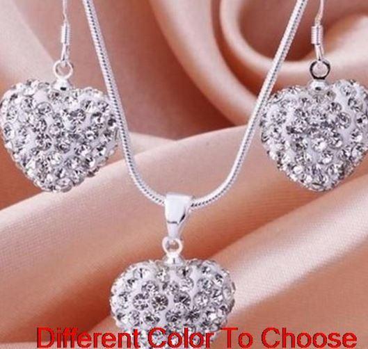 hotsale best wedding white lowest price Mixed Colors beads clay heart silver plated Shamballal Crystal necklace pendant drop earring m3535