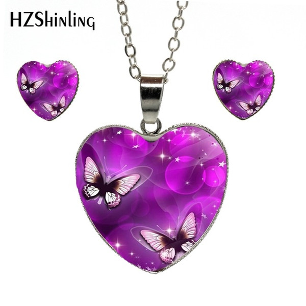 2019 New Fashion Purple Magic Butterfly Heart Jewelry Set Beautiful and Mysterious Butterfly Photos Pendant Heart Necklace Jewelry