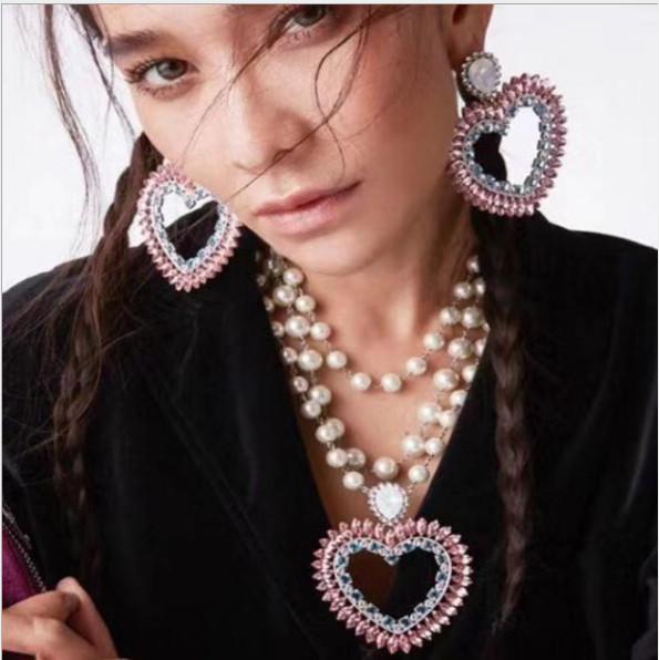 2019 jewelry jewelry new earrings and necklace fashion double pearl heart-shaped crystal women's net red necklace earrings set