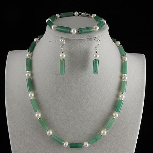 Christmas pearl jewelry set AA 6-7MM white color freshwater pearl & green jade Free shipping A2446