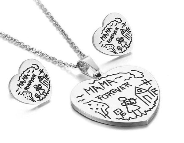 Silver Gold Plated stainless steel Pendant Heart Necklaces earring set for Mother and Daughter Mother's Day Gifts free shipping