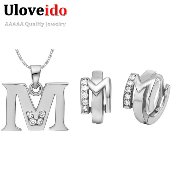 Uloveido A-Z Letters Crystal Jewelry Set Silver Color Earrings Necklace Set Jewellery Sets for Women Men Jewelry Mariage T324