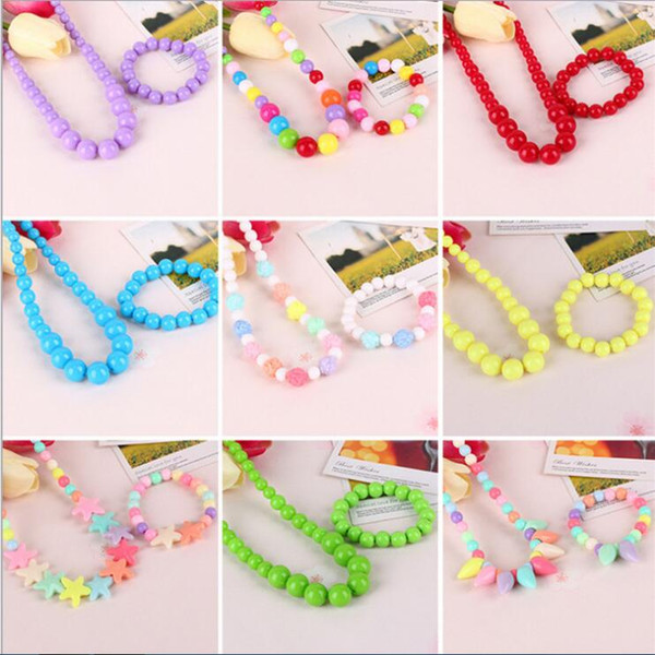 Cute Girls Sweet Children Jewelry Accessories 2pcs Sets Hot Sale Kids Necklace Bracelets Set for Gift 26 Colors Wholesale