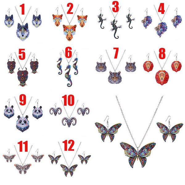 Thermal Transfer Acrylic Animal Necklace Earrings Jewelry Set Lion Tiger Wolf Butterfly Owl Seahorse Pendant Women Fashion Drop Ship 162605