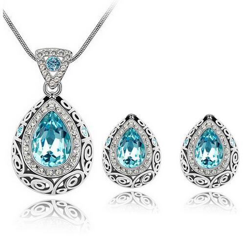 Top Quality Luxury Vintage Design Silver Plated Colorful Swarovski Crystal stone Necklace Earrings jewelry Set for Women Wedding Jewelry