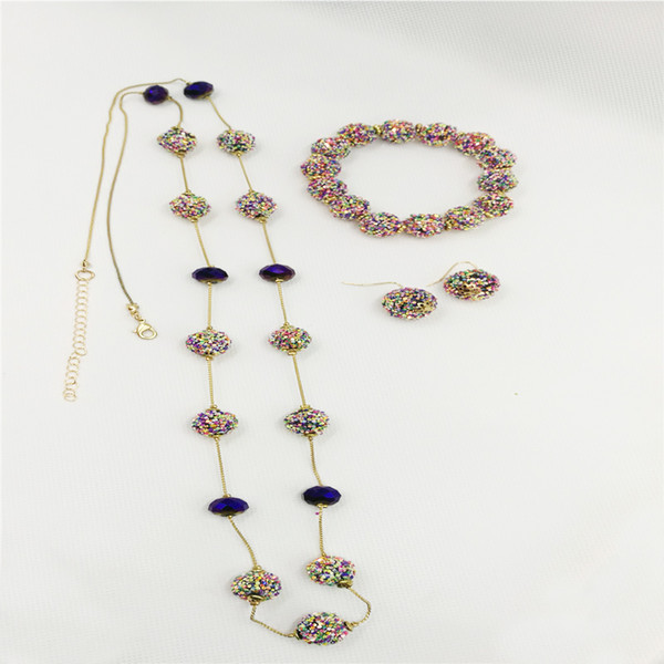 Boho Colourful Women Seedbeads Tassel Long Necklace Earring and Bracelet Jewelry Set