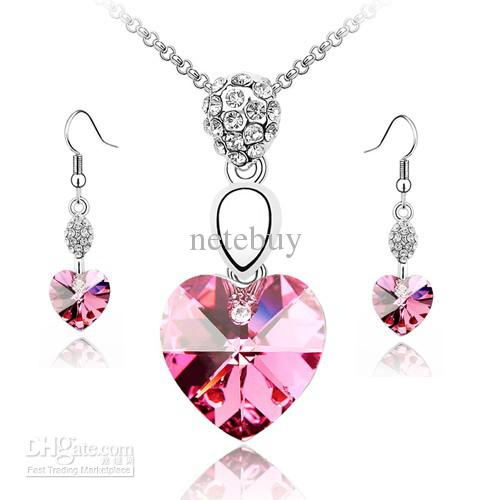 valentine Love Heart Rose Red Crystal Necklace Sets jewelry sets free and worldwide shipping fashion jewelry