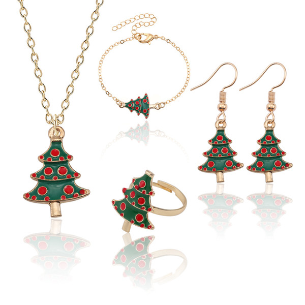 Colorful Christmas Tree Vintage Charm Christmas Jewelry Set For Women Classic Xmas Trees Necklace Earrings Bracelet Ring Set