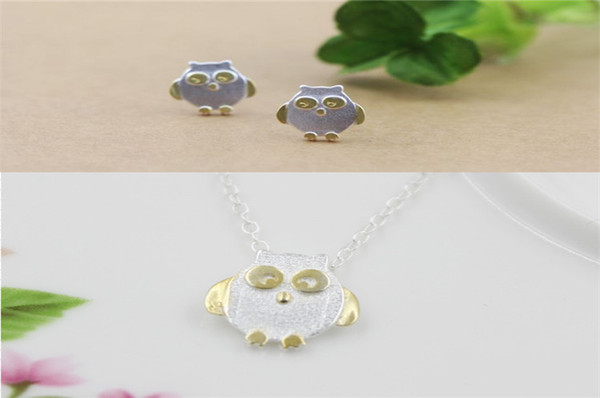 New Arrivals 925 Sterling Silver Lovely Gold Owl Necklaces Pendants Earring Animal Jewelry Set for Women Girl Gift