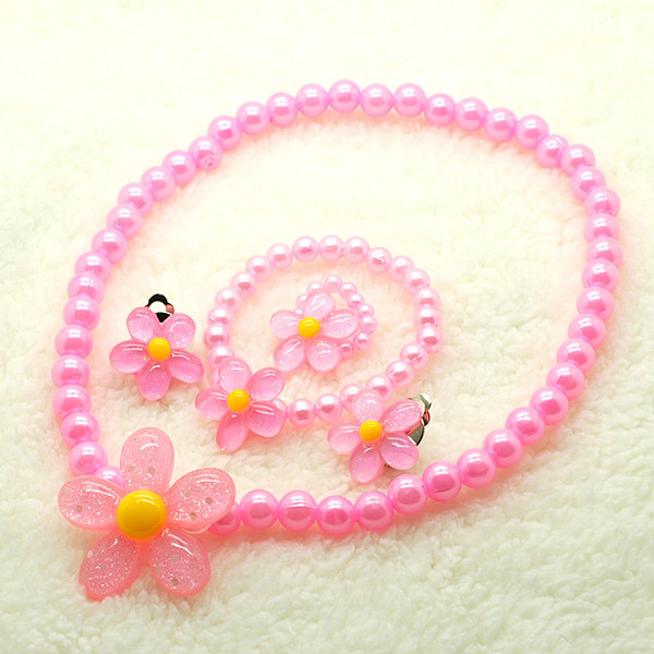 Girls Children Baby Imitation Pearl Flower Necklace Bracelet Ring Ear Clip Bead Jewelry Set