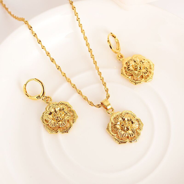 Solid Gold Filled vintage flower rose Jewelry sets Pendant Necklaces Women,African Jewelry wedding bridal charms party mother