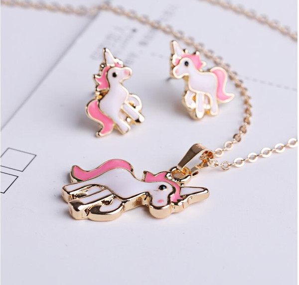 Unicorn with wings Pendant Necklaces White Horse earrings Link Chain Women Charm Jewelry Wholesale