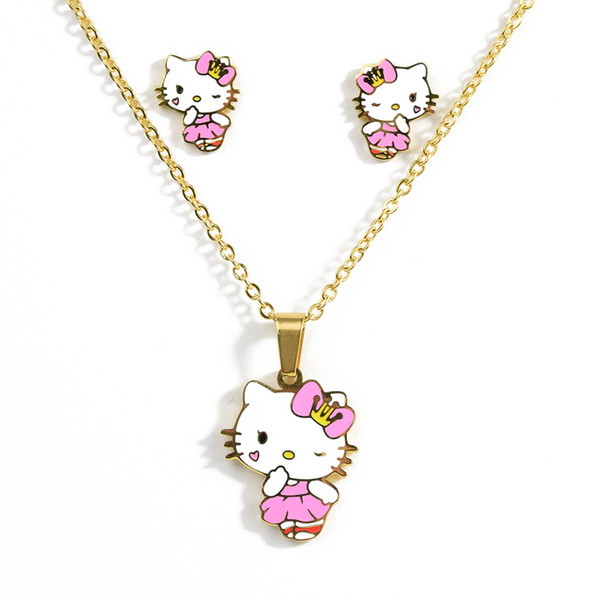 Pink Kitty pendant necklace earrings set suitable for ladies and children titanium steel Cartoon necklace jewelry