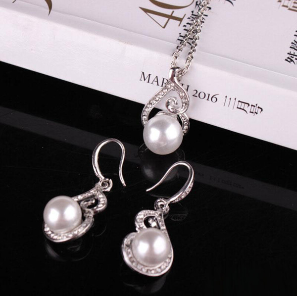 2017 Newest Women Crystal Pearl Pendant Necklace Earring Jewelry Set 925 Silver Chain Necklace Jewelry