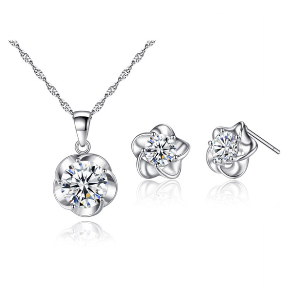 Top Quality Cubic Zirconia CZ Flowers Stud Earrings Chain Pendant Necklace Jewelry Sets Party Gift for Children Kids Girls