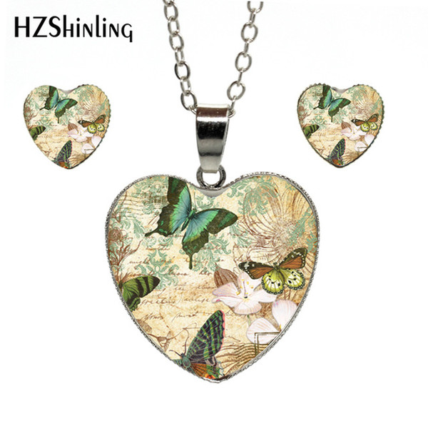 Hot Fashion Vintage Beautiful Butterflies Heart Jewelry Set Gifts for Women Handmade Heart Necklace Earrings Jewelry