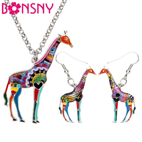 Bonsny Enamel Alloy Floral African Jungle Giraffe Earrings Necklace Jewelry Sets For Women Girls Teens Gift Wild Animal Charms