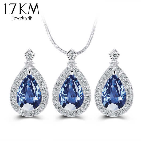 17KM Fashion Blue Crystal Water Drop Jewelry Set Necklace set African Beads Charms Maxi Earrings Statement Wedding Jewelry Set