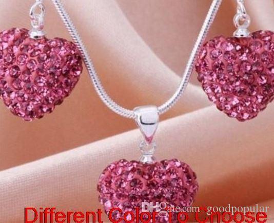 free shipping white handmade Mixed Colors beads clay heart silver plated crystall Crystal necklace pendant drop earring n3536