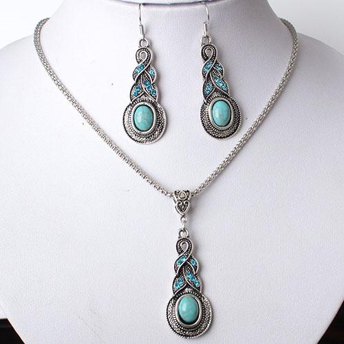 Blue Jewelry Set Tibetan Silver Plated Filled Women Elegant Chain Necklace Earrings Wedding Jewelry Sets Gifts