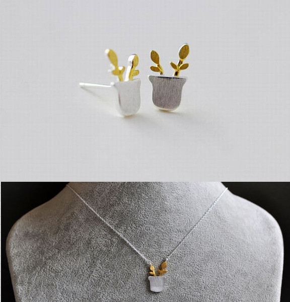 New Small Pots Choker Collar 925 Silver Boho Statement Yellow Pots Plant Pendant Necklace Earring Jewelry Set Leaf Long Necklace for Women