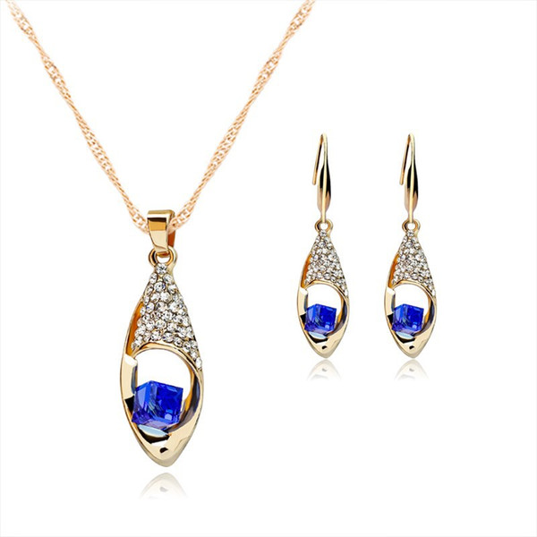 Crystal Diamond Angel Tears Drop Necklace Earrings Sets Gold Chain Necklace for Women Fashion Wedding Jewelry Will and Sandy DROPSHIP