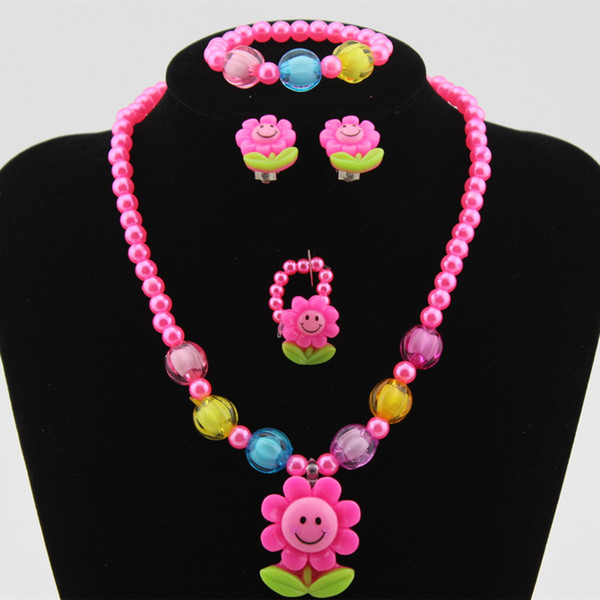 Baby Girls Imitation Pearl Beads Cute Sunflower Smile Necklace Bracelet Ring Earrings Kids Children Jewelry Set Gift